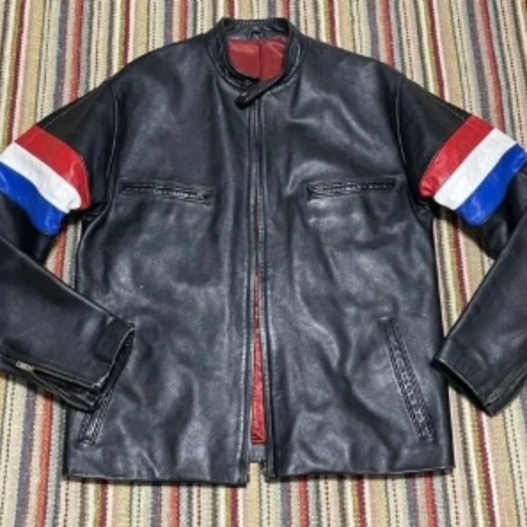 Vintage Black Leather Biker Jacket Motorcycle Red White Blue Easy Rider Harley L - Picture 1 of 12